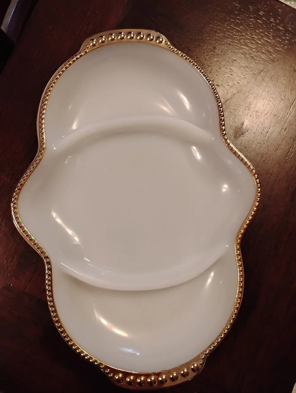 Vintage White Anchor Hocking Fire King Milk Glass Divided Relish Dish Gold Trim